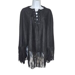 Black Fringe Poncho Top Faux Suede Lace Up Boho Western‎ Festival